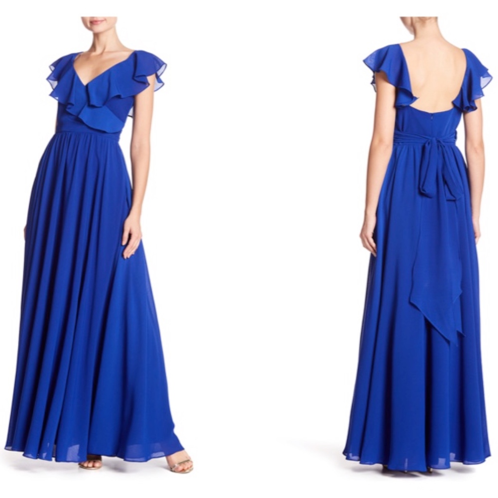 NEW $395 Carmen Marc Valvo Ruffle Back Tie Gown Size 10 - Picture 1 of 8